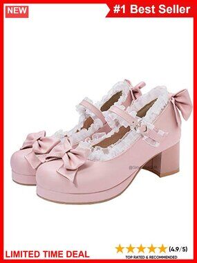 Women Kawaii Mid Block Heel Mary Jane Rockabilly Pumps with Bow